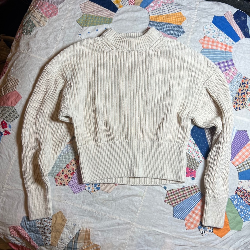 Everlane Organic Cotton Chunky Ribbed Mock Neck Sweater Cream XS Cropped Shaker